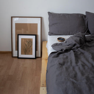 Bedroom with gray bedding and framed artwork on the wall.