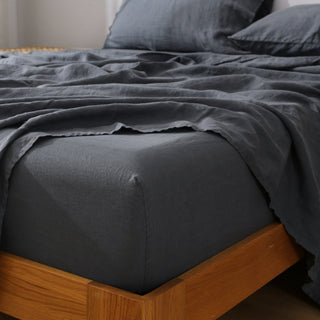 100% French Linen Sheet Set Fitted Sheet Charcoal Grey