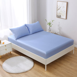100% Cotton Fitted Sheet Pale Blue in a bedroom