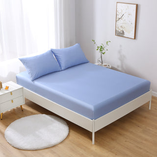 100% Cotton Fitted Sheet Pale Blue in a bedroom