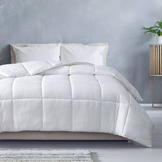 White comforter on a bed with a gray wall and plant in the background