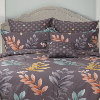 Purple leaf-printed cotton duvet cover, featuring delicate foliage motifs in rich shades of purple.