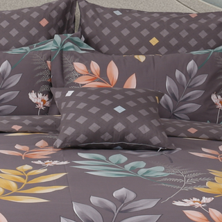 Purple leaf printed cotton duvet cover, intricate leaf patterns in various shades of purple.