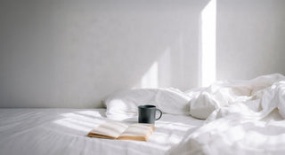 Book and mug on a bed with sunlight streaming through a window